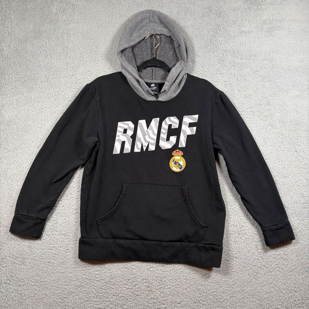Real Madrid CF RMCF Mens Small Black Grey‎ Two Tone Fleece Hoodie Sweatshirt